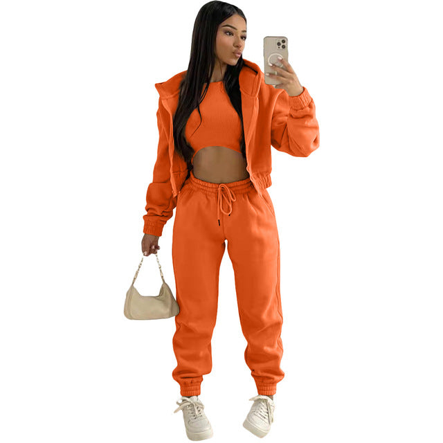 Orange Cozy 3-piece Autumn Set: Sweatshirt, Trousers & Hoodie. Solid colorblock. Soft fabric, breathable trousers. Perfect for gym, errands, all-season style.