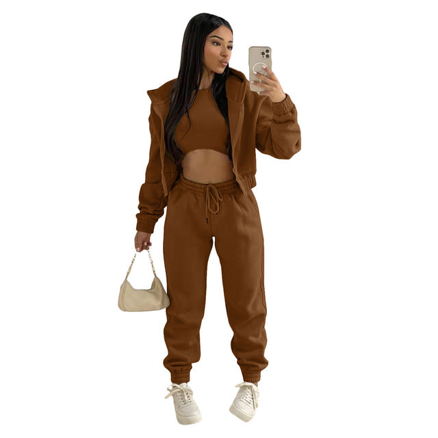 Brown Cozy 3-piece Autumn Set: Sweatshirt, Trousers & Hoodie. Solid colorblock. Soft fabric, breathable trousers. Perfect for gym, errands, all-season style.