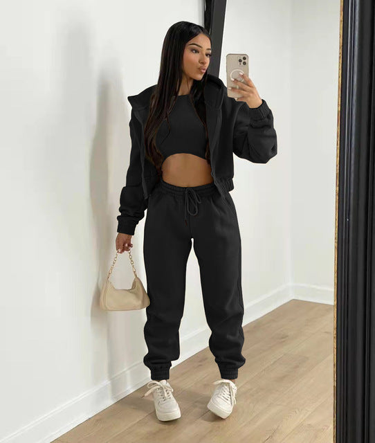 Black Cozy 3-piece Autumn Set: Sweatshirt, Trousers & Hoodie. Solid colorblock. Soft fabric, breathable trousers. Perfect for gym, errands, all-season style.