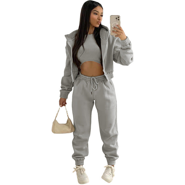 Gray Cozy 3-piece Autumn Set: Sweatshirt, Trousers & Hoodie. Solid colorblock. Soft fabric, breathable trousers. Perfect for gym, errands, all-season style.