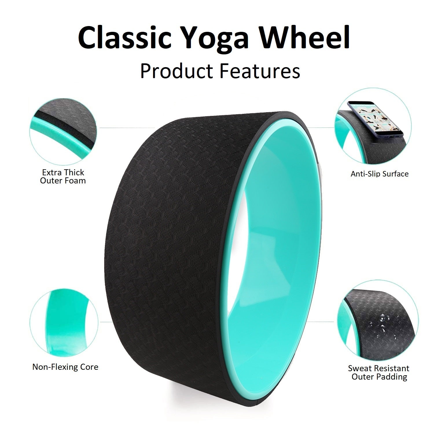 Blue Classic Yoga Wheel, durable PVC with anti-slip surface, built to support over 500lbs. Ideal for back pain relief, stretching muscles, and improving flexibility.